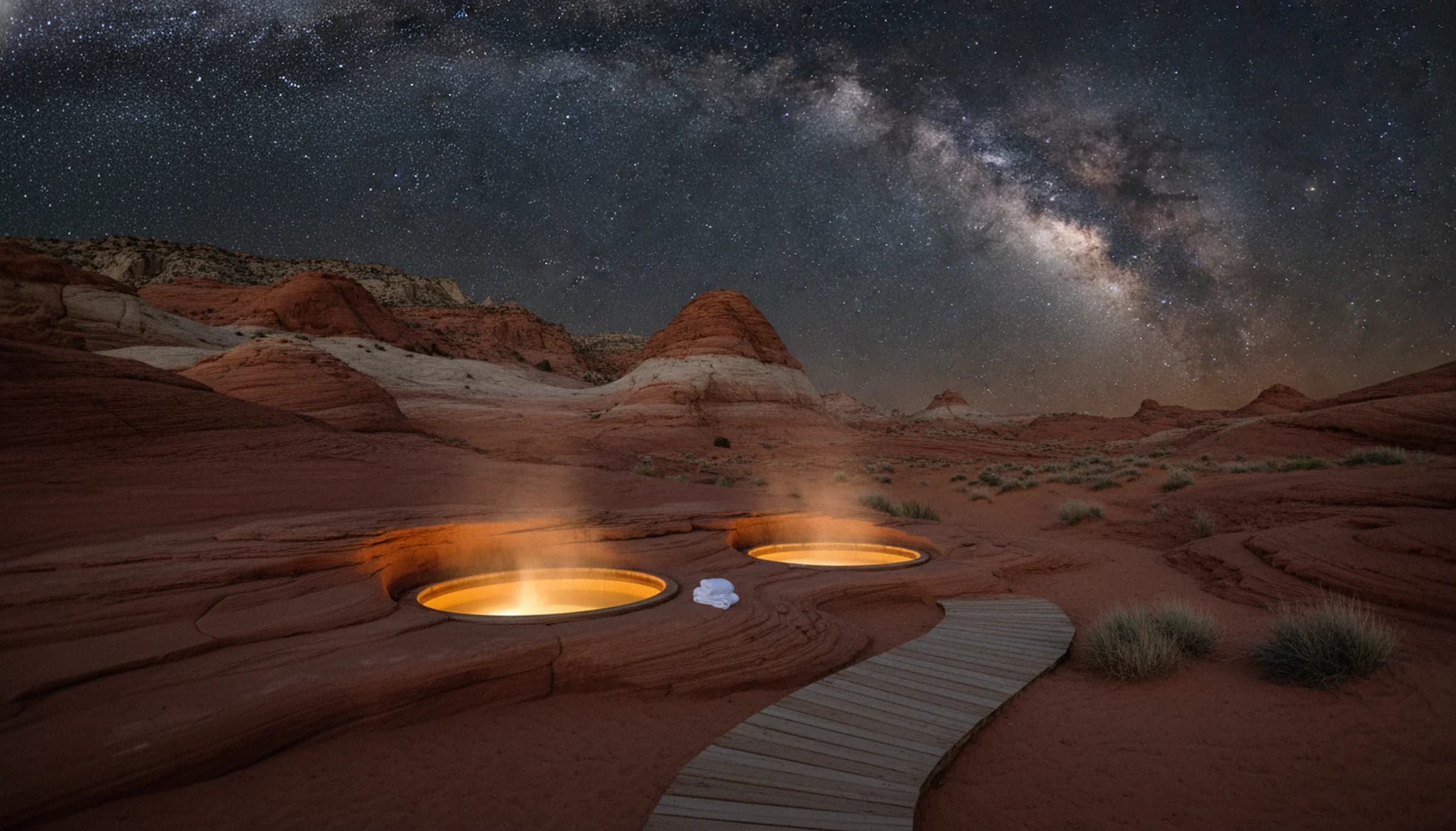 Soaking tubs set into red slickrock glowing under the Milky Way in a certified International Dark Sky Park