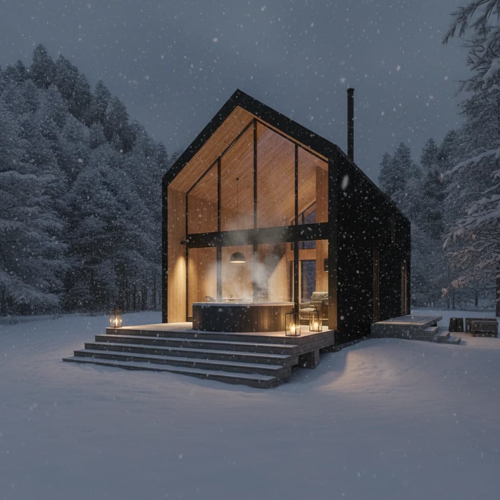 Geodesic glamping dome exterior surrounded by snow