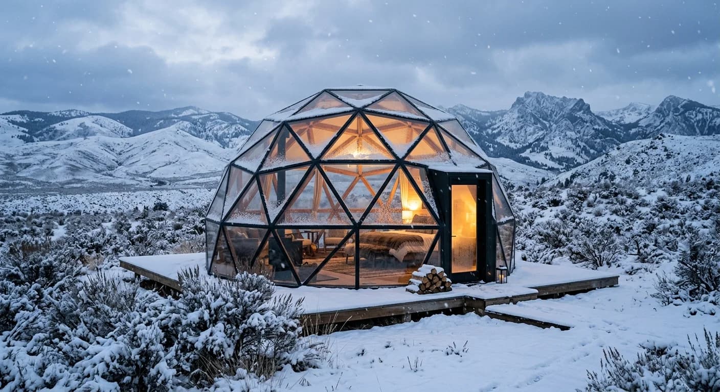 Geodesic glamping dome exterior surrounded by snow