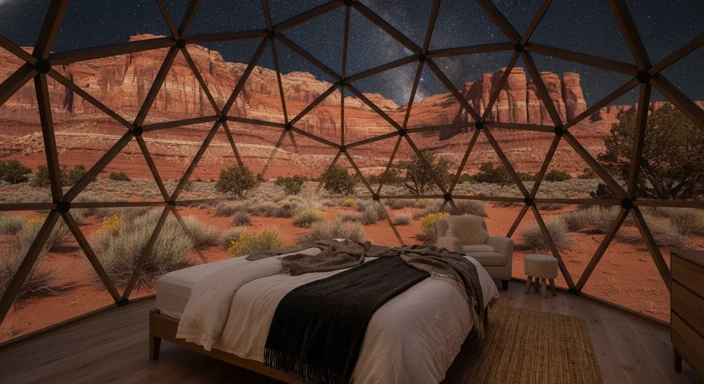 Bed beneath a tempered-glass dome panel angled at the night sky over Capitol Reef Country