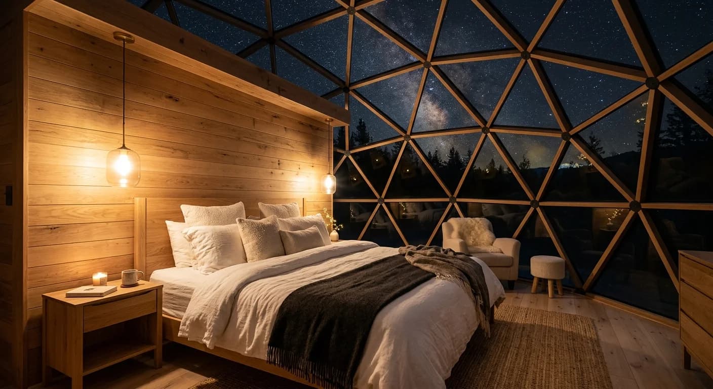 Serene dome bedroom with natural materials and stargazing window