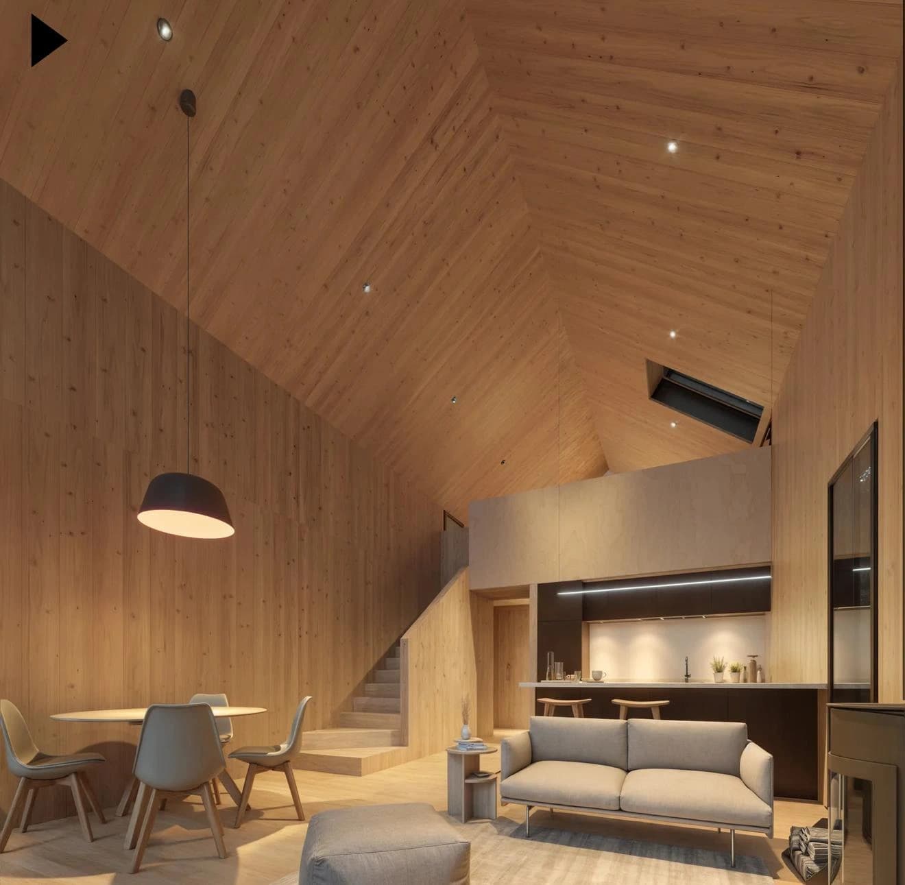 Minimalist dome interior living space with panoramic windows