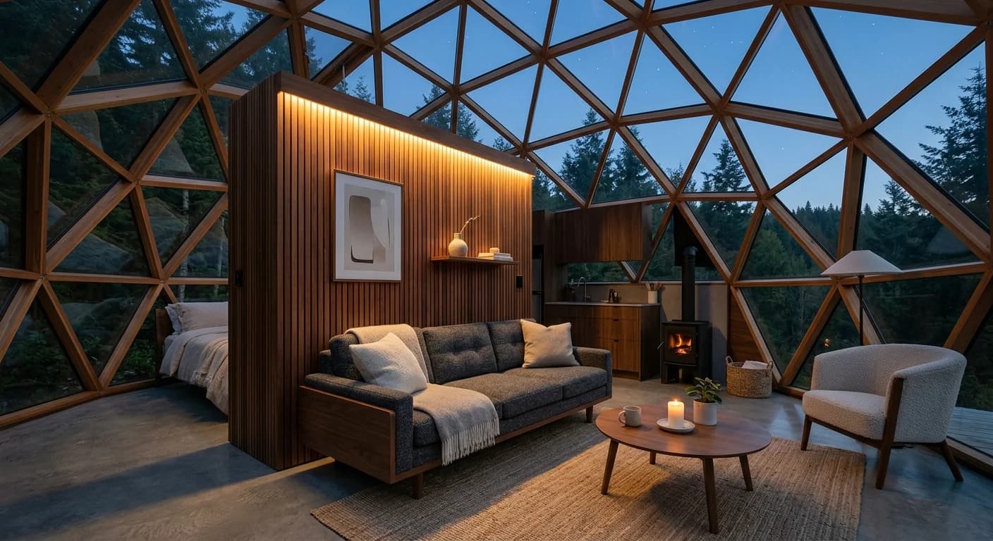 Minimalist dome interior living space with panoramic windows